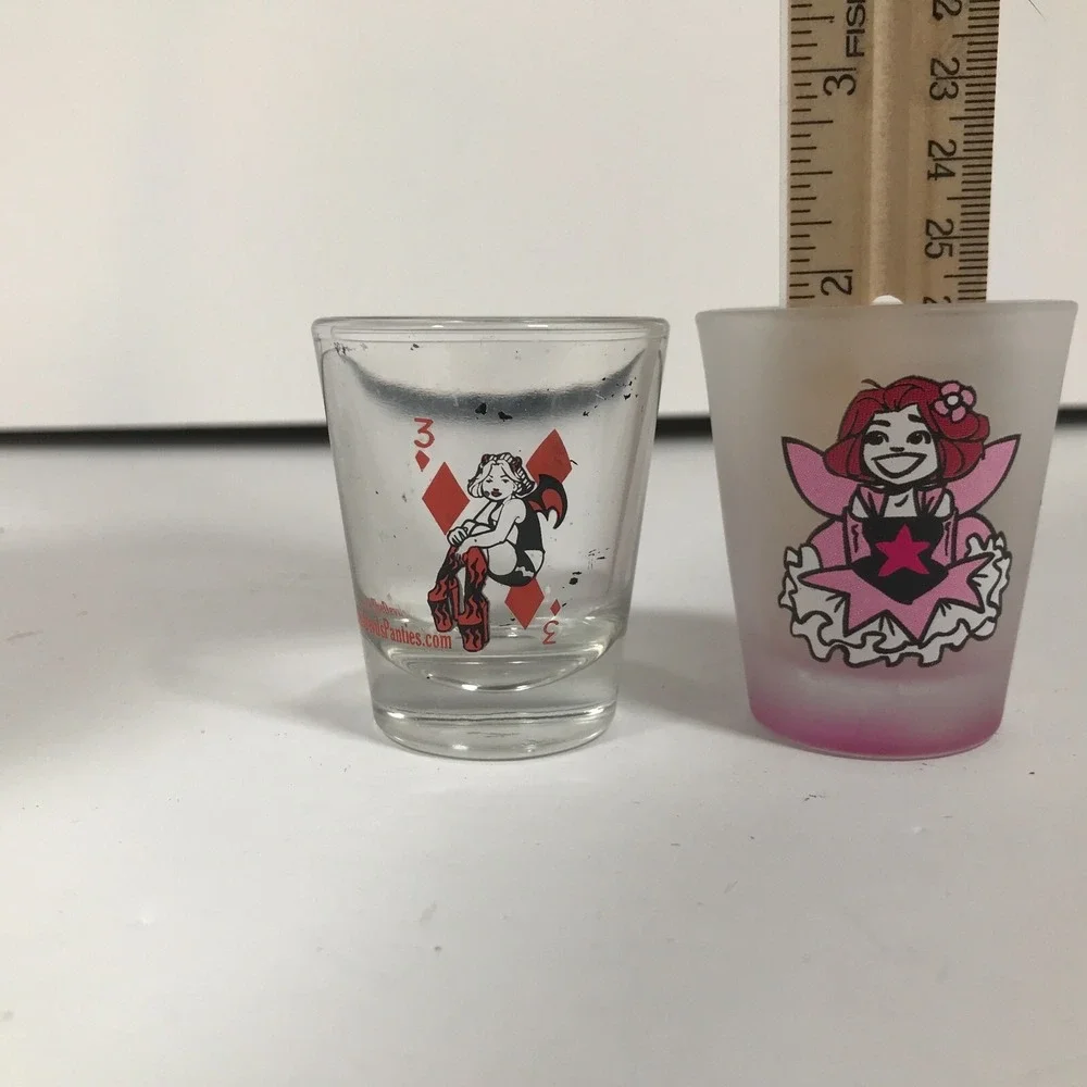 The Devils Panties Comic Shot Glass Set Clear Frosted Pink Fairy Graphic Barware